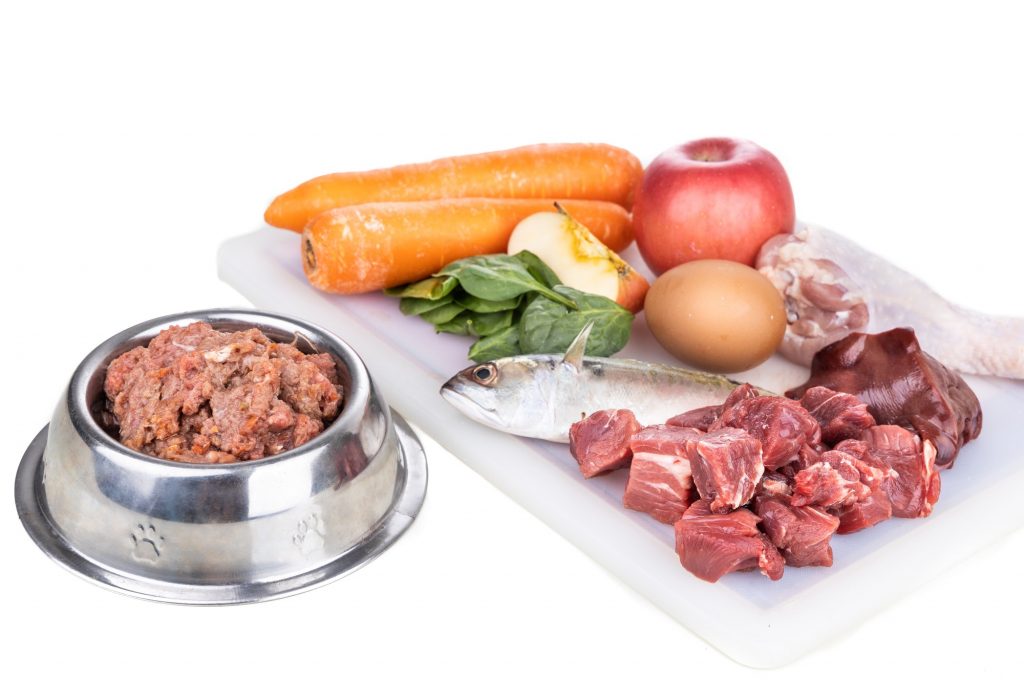 Minced barf raw food recipe ingredients for dogs consisting meat, organs, fish, eggs and vegetable